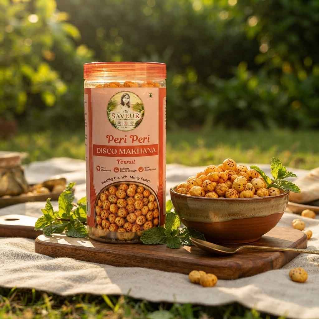 Peri Peri Flavoured Makhana Healthy Snack Farmley Roasted and Namkeen Snacks & Puffed Snacks Cholesterol Free Gluten Free Rich In Protein & Fiber Roasted in Olive Oil - 85 GM JAR